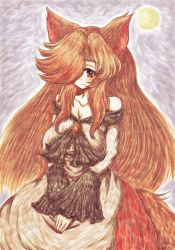 Rule 34 | 1girl, animal ears, bare shoulders, big hair, breasts, brooch, brown eyes, brown hair, cleavage, collarbone, dress, fingernails, full moon, hair over one eye, highres, huge breasts, imaizumi kagerou, jewelry, large breasts, long hair, long sleeves, moon, nail polish, night, night sky, own hands together, red nails, sagging breasts, sky, smile, solo, tail, touhou, traditional media, wolf ears, wolf tail, ziogon