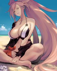 Rule 34 | 1girl, amputee, baiken, bare legs, barefoot, beach, big hair, bikini, bikini top only, black bikini, blue sky, breasts, cloud, commentary request, day, facial tattoo, guilty gear, guilty gear xrd, hand on leg, hands on feet, highres, indian style, jako (toyprn), large breasts, crossed legs, long hair, looking at viewer, multicolored bikini, multicolored bikini top, multicolored clothes, navel, one-eyed, one eye closed, pink eyes, pink hair, ponytail, sand, scar, scar across eye, scar on face, scrunchie, seashell, shell, sitting, sky, solo, swimsuit, tattoo, very long hair, white bikini