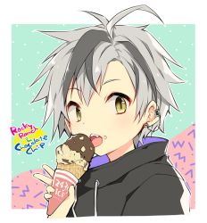 Rule 34 | 1boy, black hair, black shirt, brown eyes, double scoop, drawstring, ear piercing, fang, food, food on face, grey hair, holding, holding food, ice cream, ice cream cone, kamiyoshi rika, looking at viewer, male focus, multicolored hair, nijisanji, open mouth, parted bangs, piercing, shirt, solo, streaked hair, suzuki masaru, upper body, virtual youtuber