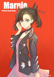 Rule 34 | 1girl, absurdres, artist name, black choker, black hair, black jacket, character name, choker, closed mouth, commentary, copyright name, cowboy shot, creatures (company), dress, english commentary, expressionless, game freak, green eyes, hand up, highres, jacket, leather, leather jacket, long sleeves, looking at viewer, marnie (pokemon), mixed-language commentary, naoel (naoel art), nintendo, open clothes, open jacket, pink dress, pokemon, pokemon swsh, red background, short hair, simple background, solo, twintails, undercut