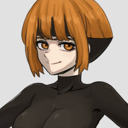 Rule 34 | 1girl, black shirt, breasts, closed mouth, commentary, covered collarbone, creatures (company), eyelashes, game freak, gardenia (pokemon), gigobyte350, grey background, highres, looking at viewer, nintendo, orange eyes, orange hair, pokemon, pokemon dppt, shirt, short hair, skin tight, smile, solo, upper body