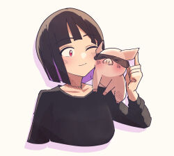 Rule 34 | 1girl, absurdres, animal, black hair, black shirt, blush, colored inner hair, do it yourself!!, highres, long sleeves, meat (do it yourself!!), mm pen 01, multicolored hair, one eye closed, pig, purple hair, red eyes, shirt, short hair, simple background, solo, sunglasses, suride miku, upper body, white background