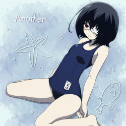 Rule 34 | 10s, 1girl, ahoge, another, black hair, copyright name, eyepatch, female focus, kagesaki-ice, kneeling, misaki mei, name tag, naughty face, one-piece swimsuit, red eyes, school swimsuit, short hair, smile, solo, swimsuit