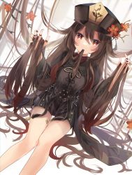 Rule 34 | 1girl, bare legs, black nails, blush, brown coat, brown hair, coat, dutch angle, flower, fuyoyo, genshin impact, hair between eyes, hair flaps, hair in own mouth, hat, highres, holding, holding own hair, hu tao (genshin impact), jewelry, long hair, long sleeves, looking at viewer, mouth hold, multiple rings, nail polish, plum blossoms, porkpie hat, ring, sitting, solo, thighs, twintails, very long hair, wide sleeves