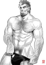 Rule 34 | 1boy, abs, absolum art, arm hair, bara, beard, black male underwear, briefs, bulge, chest hair, commission, contrapposto, cowboy shot, ear piercing, facial hair, fangs, greyscale, hairy, highres, large pectorals, latex underwear, leg hair, looking at viewer, male focus, male pubic hair, male underwear, male underwear pull, mature male, mohawk, monochrome, monster boy, muscular, muscular male, navel, navel hair, nipples, orc, original, pectorals, penis, penis peek, piercing, pubic hair, pulling own clothes, short hair, solo, stomach, stubble, thick eyebrows, thick thighs, thighs, underwear, underwear only