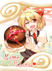 Rule 34 | 1girl, ;d, ball, blonde hair, commentary request, hair ribbon, kashuu (b-q), one eye closed, ookami (game), open mouth, red eyes, ribbon, rumia, shirt, short hair, skirt, smile, solo, touhou, valentine, vest, yami