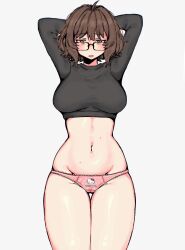 Rule 34 | 1girl, ahoge, aki (snale), arms behind head, arms up, bags under eyes, belly, breasts, brown eyes, brown hair, cowboy shot, crop top, curvy, glasses, groin, highres, jitome, lace, lace-trimmed panties, lace trim, large breasts, long sleeves, looking at viewer, midriff, mole, mole on stomach, navel, open mouth, original, panties, short hair, snale, solo, thick thighs, thigh gap, thighs, underwear, white background, wide hips