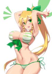 Rule 34 | 1girl, arms up, bikini, blonde hair, blush, bow, braid, breasts, chou shippai-saku, commentary request, covered erect nipples, from side, front-tie top, green bikini, green eyes, hair bow, highres, large breasts, leafa, leaning forward, long hair, looking at viewer, navel, open mouth, pointy ears, ponytail, shiny skin, side-tie bikini bottom, side braid, skindentation, solo, striped bikini, striped clothes, swimsuit, sword art online, twin braids, very long hair, white background
