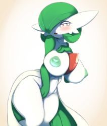 Rule 34 | 1girl, absurdres, ashraely, between legs, blush, bob cut, breasts, collarbone, colored skin, covering privates, covering crotch, creatures (company), female focus, game freak, gardevoir, gen 3 pokemon, gradient background, green hair, green skin, groin, hair over one eye, half-closed eyes, hand between legs, hand on own chest, hand up, happy, highres, huge breasts, looking at viewer, multicolored skin, nintendo, nipples, open mouth, pokemon, pokemon (creature), red eyes, short hair, simple background, smile, solo, standing, thick thighs, thighs, two-tone skin, white background, white skin, wide hips