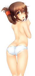 Rule 34 | 10s, 1girl, :o, ass, back, blush, brown eyes, brown hair, butt crack, folded ponytail, from behind, highres, inazuma (kancolle), kantai collection, kneepits, looking at viewer, looking back, open mouth, panties, panties only, simple background, solo, suteba (grzjkbhgf), topless, underwear, underwear only, white background, white panties