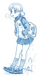 Rule 34 | 10s, 1girl, aki (girls und panzer), bag, bbb (friskuser), blue theme, commentary request, full body, girls und panzer, hands in pockets, highres, jacket, keizoku school uniform, leaning on object, long sleeves, low twintails, monochrome, open mouth, pleated skirt, school bag, school uniform, shoes, skirt, socks, solo, standing, twintails, wall
