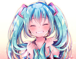 Rule 34 | 1girl, ^ ^, ahoge, bare shoulders, black sleeves, blue hair, blue necktie, blush, closed eyes, collarbone, collared shirt, commentary, detached sleeves, facing viewer, grey shirt, grin, hair between eyes, hair ornament, hands up, hatsune miku, holding, holding own hair, long hair, long sleeves, looking at viewer, necktie, nemuri nemu, shirt, sleeveless, sleeveless shirt, smile, solo, twintails, upper body, vocaloid