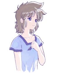 Rule 34 | 1girl, blue shirt, brown hair, closed mouth, collarbone, eyelashes, hand on own chest, hand up, highres, key the metal idol, mima tokiko, purple eyes, purple ribbon, ribbon, shirt, short hair, short sleeves, simple background, solo, upper body, white background, zawabug