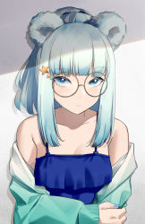 Rule 34 | 1girl, absurdres, alternate costume, animal ears, aqua hair, aqua jacket, arknights, bare shoulders, bear ears, blue eyes, blue one-piece swimsuit, blunt bangs, closed mouth, collarbone, commentary, glasses, hand on own arm, highres, istina (arknights), jacket, long sleeves, looking at viewer, medium hair, off shoulder, one-piece swimsuit, open clothes, open jacket, ponytail, round eyewear, sidelocks, solo, swimsuit, symbol-only commentary, upper body, wakamepiza, yellow-framed eyewear