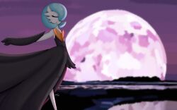 Rule 34 | 1girl, absurdres, alternate color, arm at side, arm up, artist name, bare shoulders, black dress, black gloves, blue hair, bob cut, closed eyes, closed mouth, colored skin, creatures (company), dated, dress, elbow gloves, female focus, flat chest, full moon, game freak, gardevoir, gen 3 pokemon, gloves, hair over one eye, highres, long dress, mega gardevoir, mega pokemon, moon, night, nintendo, nobori (nobori916), one eye covered, outdoors, outstretched arm, pink moon, pokemon, pokemon (creature), purple sky, shiny pokemon, short hair, signature, sky, solo, standing, strapless, strapless dress, u u, white skin