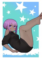 Rule 34 | 1girl, ass, bare legs, bare shoulders, barefoot, black shirt, blush, breasts, closed mouth, clothing cutout, dark-skinned female, dark skin, fate/prototype, fate/prototype: fragments of blue and silver, fate (series), from side, hassan of serenity (fate), highres, i.u.y, leg up, looking at viewer, looking to the side, puffy short sleeves, puffy sleeves, purple eyes, purple hair, shirt, short sleeves, shoulder cutout, small breasts, smile, soles, solo, star (symbol), starry background