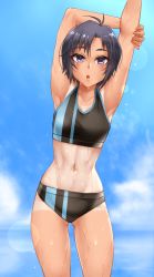 Rule 34 | 1girl, :o, armpits, blue sky, buruma, cowboy shot, day, gluteal fold, hands up, idolmaster, idolmaster (classic), kikuchi makoto, leaning to the side, lens flare, looking at viewer, navel, parted lips, purple eyes, purple hair, short hair, sky, solo, sports bra, standing, stretching, tan, tanline, twrlare, wet