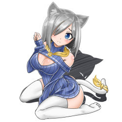 Rule 34 | 10s, 1girl, alternate costume, animal ears, bare shoulders, blue eyes, breasts, cat ears, cat girl, cat tail, cleavage, cleavage cutout, clothing cutout, female focus, grey hair, hair over one eye, hamakaze (kancolle), kantai collection, kemonomimi mode, large breasts, meme attire, open-chest sweater, paw pose, ribbed sweater, short hair, sin (kami148), sitting, sleeves past wrists, solo, sweater, tail, thighhighs, turtleneck, wariza, white thighhighs