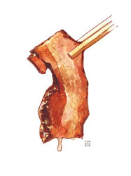 Rule 34 | bacon, chopsticks, dripping, food, food focus, meat, momiji mao, no humans, original, realistic, simple background, white background