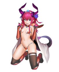 Rule 34 | 1girl, :d, armor, bikini, bikini armor, black thighhighs, blue eyes, blush, breasts, breasts apart, cape, cementite, clenched hands, elizabeth bathory (brave) (fate), elizabeth bathory (fate), fang, fate/grand order, fate (series), full body, gloves, hair between eyes, highres, horns, kneeling, long hair, looking at viewer, open mouth, pink hair, pointy ears, red bikini, simple background, small breasts, smile, solo, swimsuit, tail, thighhighs, torn bikini, torn clothes, white background, white cape