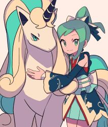 Rule 34 | 1girl, alternate color, closed mouth, commentary request, creatures (company), detached sleeves, eyelashes, galarian form, galarian rapidash, game freak, gen 8 pokemon, green eyes, green hair, green skirt, highres, japanese clothes, kimono, lisia (new year&#039;s 2023) (pokemon), lisia (pokemon), looking at viewer, nintendo, official alternate costume, pleated skirt, pokemon, pokemon (creature), pokemon masters ex, sash, shiny pokemon, sidelocks, simple background, skirt, smile, tyako 089, white background, white sash