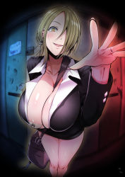 Rule 34 | 1girl, absurdres, bag, between breasts, black skirt, blazer, blonde hair, breasts, cleavage, collared shirt, door, hair bun, hair over one eye, handbag, highres, jacket, jewelry, kachi-kachi okiami, large breasts, miniskirt, open mouth, original, outstretched hand, ring, shirt, single hair bun, skirt, strap between breasts, thighs, white shirt, yellow eyes