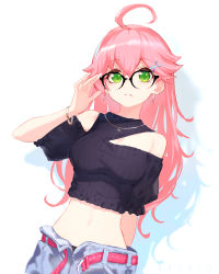 Rule 34 | 1girl, absurdres, adjusting eyewear, ahoge, ancoloyuki, arm behind back, bare shoulders, belt, black sweater, bracelet, closed mouth, clothing cutout, cropped sweater, earrings, green eyes, grey pants, hair between eyes, hair ornament, highres, hololive, jewelry, long hair, looking at viewer, midriff, open belt, open fly, pants, pink hair, red belt, sakura miko, short sleeves, shoulder cutout, solo, sweater, virtual youtuber, white background, x hair ornament