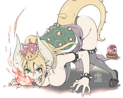 Rule 34 | 1girl, 2018, all fours, arm support, armlet, ass, bare shoulders, black collar, black dress, black footwear, black leotard, black thighhighs, blonde hair, blue eyes, bowsette, bracelet, breasts, breath weapon, breathing fire, brooch, cleavage, collar, collarbone, commentary request, crown, dated, downblouse, dress, earrings, eyebrows, fingernails, fire, full body, horns, jewelry, large breasts, legs, leotard, long hair, mario (series), new super mario bros. u deluxe, nintendo, pointy ears, ponytail, rakujin, shadow, sharp fingernails, sharp teeth, shell, shoes, sidelocks, simple background, solo, spiked bracelet, spiked collar, spiked shell, spiked tail, spikes, strapless, strapless dress, super crown, tail, teeth, thighhighs, thighs, top-down bottom-up, turtle shell, white background
