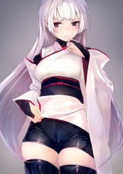 Rule 34 | 1girl, black thighhighs, blunt bangs, bodysuit, breasts, bridal gauntlets, commentary request, cowboy shot, detached sleeves, embarrassed, gradient background, japanese clothes, lifted by self, long hair, looking at viewer, medium breasts, obi, original, red eyes, sash, shiny clothes, silver hair, solo, standing, taishi (picchiridou), thighhighs, thighs, tsuru-chan, very long hair, wavy mouth, wide sleeves