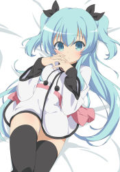 Rule 34 | 1girl, :o, absurdres, black bow, blue eyes, blue hair, bow, child, dakimakura (medium), feet out of frame, fingers together, hair between eyes, hair ornament, highres, looking at viewer, lying, noel (sora no method), official style, on back, open mouth, short twintails, solo, sora no method, thighhighs, thighs, twintails, utyuueituu, wide sleeves