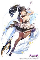 Rule 34 | ankle cuffs, apron, ara haan, ara han, arm up, artist name, bare shoulders, black bow, black bowtie, black dress, black hair, black pantyhose, blush, bow, bowtie, breasts, cleavage, copyright name, detached collar, dress, drill hair, elsword, frilled apron, frills, gloves, hair between eyes, hair bow, hairband, head tilt, holding, holding weapon, large breasts, long hair, looking at viewer, pantyhose, simple background, sleeveless, sleeveless dress, solo, sukja, tareme, weapon, white apron, white background, white bow, white gloves, wrist cuffs, yellow eyes