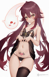 Rule 34 | 1girl, babydoll, bandaid, bandaids on nipples, bare shoulders, black babydoll, black thighhighs, blush, bra, breasts, brown hair, chinese commentary, clothes lift, collarbone, flower-shaped pupils, genshin impact, ghost, groin, hair between eyes, highres, hu tao (genshin impact), l ract, lifted by self, lingerie, long hair, looking at viewer, navel, panties, pasties, pubic tattoo, red eyes, shirt lift, sidelocks, simple background, single thighhigh, small breasts, solo, stomach, symbol-shaped pupils, tattoo, thigh gap, thighhighs, twintails, underwear, white background