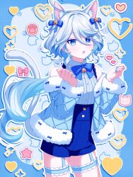 Rule 34 | 1girl, absurdres, alternate costume, animal ear fluff, animal ears, blue bow, blue eyes, blue hair, blue jacket, blue shorts, blush, bow, cat ears, cat girl, cat tail, commentary request, furina (genshin impact), genshin impact, hair between eyes, hair bow, hair ornament, heart, heterochromia, highres, jacket, long hair, long sleeves, looking at viewer, multicolored hair, open mouth, pochimaru (marumaru wanwan), shirt, shorts, solo, star (symbol), tail, white hair, white tail