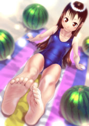 Rule 34 | 1girl, arm support, bare legs, barefoot, beach, blue one-piece swimsuit, blush, brown eyes, brown hair, collarbone, feet, flat chest, food, fruit, highres, legs, long hair, old school swimsuit, one-piece swimsuit, original, school swimsuit, sitting, smile, soles, solo, soon (c-u-soon), swimsuit, toes, towel, watermelon