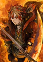 Rule 34 | 1boy, bad id, bad pixiv id, fingerless gloves, fire, gloves, heterochromia, jewelry, male focus, multicolored hair, necklace, open mouth, original, ponytail, ririnra, scythe, solo, two-tone hair