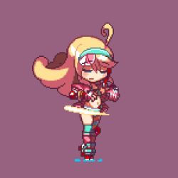 Rule 34 | 1girl, @ @, ahoge, animated, animated gif, arm up, blonde hair, blue eyes, blush, breasts, cleavage, gloves, hairband, hoshino nozomi, inline skates, long hair, midriff, migel futoshi, navel, open clothes, pixel art, roller skates, saturday night fever, skates, smile, solo, sparkle, spinning, thighhighs, trillion starlights