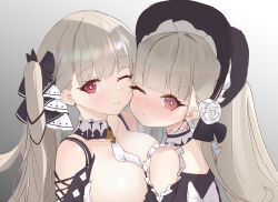 Rule 34 | 2girls, :&lt;, absurdres, azur lane, black dress, bonnet, breasts, bright pupils, closed mouth, collarbone, dlinne, dress, dual persona, earrings, flower, formidable (azur lane), frown, gradient background, grey background, grey hair, hair flower, hair ornament, highres, jewelry, large breasts, lipstick, little formidable (azur lane), looking at viewer, makeup, multiple girls, one eye closed, red eyes, rose, smile, twintails, white flower, white pupils, white rose