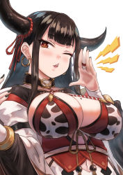 Rule 34 | 1girl, absurdres, animal print, bad id, bad pixiv id, black hair, black nails, breasts, bridal gauntlets, brown ribbon, cleavage, commentary request, cow girl, cow horns, cow print, dress, earrings, fingernails, gohei (aoi yuugure), hand up, highres, hoop earrings, horns, jewelry, large breasts, lightning bolt symbol, long hair, long sleeves, mole, mole on breast, nail polish, navel, one eye closed, parted lips, re:act, red eyes, red ribbon, ribbon, simple background, solo, teeth, upper body, upper teeth only, ushio tia, virtual youtuber, white background, white dress, wide sleeves