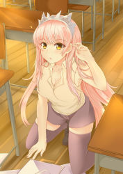 Rule 34 | 1girl, absurdres, bare shoulders, blush, breasts, cleavage, desk, fate/grand order, fate (series), highres, kneeling, large breasts, long hair, looking at viewer, medb (fate), open mouth, pink hair, school desk, shoes, short shorts, shorts, skindentation, solo, thighhighs, tiara, yellow eyes