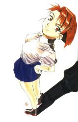 Rule 34 | 1990s (style), 1girl, arms behind back, artist name, bending backward, black footwear, blue skirt, bob cut, breasts, brown eyes, brown hair, dress shirt, el hazard, eyelashes, foreshortening, from above, full body, hair strand, hands on own hips, jinnai nanami, light smile, looking at viewer, looking up, marker (medium), medium breasts, nakazawa kazuto, official art, pleated skirt, retro artstyle, scan, school uniform, shadow, shirt, shoes, short hair, short sleeves, signature, simple background, skirt, solo, source request, standing, swept bangs, traditional media, white background, white shirt