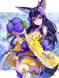 Rule 34 | 1girl, animal ears, bare shoulders, black hair, blurry, blurry background, breasts, closed mouth, commentary request, cowboy shot, depth of field, detached sleeves, dress, fingernails, flower, hair between eyes, hair flower, hair ornament, highres, holding, holding flower, hydrangea, large breasts, long hair, long sleeves, mask, mask on head, md5 mismatch, original, purple flower, red eyes, resolution mismatch, ribbon-trimmed sleeves, ribbon trim, sanbasou, smile, solo, source larger, strapless, strapless dress, thigh gap, thighhighs, very long hair, white thighhighs, wide sleeves, yellow dress, yellow sleeves