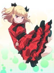 Rule 34 | 1girl, arms behind back, black footwear, black ribbon, blonde hair, blush, dress, floating hair, frilled dress, frills, full body, hair ribbon, iijima yun, layered dress, long hair, looking at viewer, new game!, open mouth, red dress, red eyes, ribbon, shoes, sketch, solo, twintails, two side up