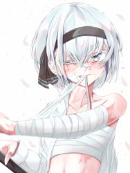 Rule 34 | 1girl, bandaged arm, bandages, bare shoulders, black hairband, black ribbon, blue eyes, chest sarashi, clenched teeth, collarbone, colored eyelashes, commentary, hair between eyes, hair ribbon, hairband, highres, konpaku youmu, long sleeves, looking at viewer, midriff, mouth hold, open clothes, open shirt, ribbon, sarashi, shirt, short hair, silver hair, simple background, solo, strapless, teeth, teeth hold, touhou, tsune (tune), tube top, uneven eyes, upper body, white background, white shirt