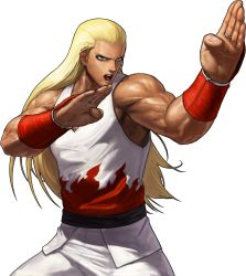 Rule 34 | 1boy, andy bogard, blonde hair, blue eyes, fatal fury, fighting stance, flame print, hair down, highres, king of fighters xiii, long hair, male focus, muscular, official art, ogura eisuke, sleeveless, snk, solo, the king of fighters, the king of fighters xiii, transparent background, vambraces