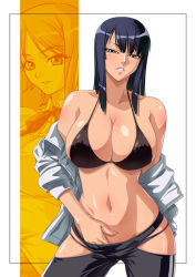 Rule 34 | 2girls, bare shoulders, bikini, bikini top only, black bra, black hair, bra, breasts, brown eyes, covered erect nipples, hand in pants, jacket, kagami hirotaka, large breasts, lipstick, looking at viewer, makeup, midriff, multiple girls, nami (one piece), naughty face, navel, nico robin, one piece, open clothes, open shirt, pants, ribbon, shirt, simple background, swimsuit, underwear, white background