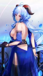Rule 34 | 1girl, absurdres, ahoge, back, backless outfit, bad id, bad pixiv id, bare shoulders, blue dress, blue hair, blue sleeves, breasts, detached sleeves, dress, fence, from side, ganyu (genshin impact), genshin impact, highres, horns, iron fence, long hair, looking at viewer, looking back, low ponytail, medium breasts, panipo, petals, purple eyes, sideboob, solo, standing, very long hair