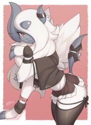 Rule 34 | absol, absurdres, bright pupils, claws, creatures (company), furry, furry female, game freak, gen 3 pokemon, hair over one eye, highres, looking at viewer, nintendo, pokemon, red eyes, skirt, smile, solo, standing, watch, white fur, white pupils, wings, zinfyu