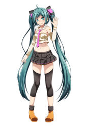 Rule 34 | 1girl, ahoge, black leggings, black skirt, blue eyes, blue hair, blue nails, boots, bow, breasts, cleavage, cleavage cutout, closed mouth, clothing cutout, crop top, floating hair, full body, hair bow, hatsune miku, highres, leggings, long hair, looking at viewer, medium breasts, midriff, miniskirt, nail polish, navel, necktie, pleated skirt, project diva (series), purple necktie, simple background, sing&amp;smile (vocaloid), skirt, smile, solo, standing, stomach, strapless, tsukishiro saika, twintails, very long hair, vocaloid, waving, white background, yellow footwear