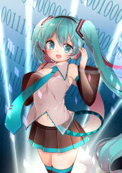 Rule 34 | 1girl, absurdres, aqua eyes, aqua hair, binary, cowboy shot, detached sleeves, hand on own chest, hatsune miku, headphones, highres, long hair, necktie, open mouth, samayoi, see-through, skirt, solo, thighhighs, twintails, very long hair, vocaloid