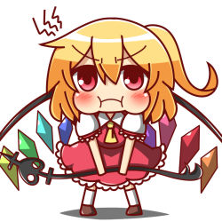 Rule 34 | 1girl, :i, :t, blonde hair, chibi, collared dress, dress, feiton, flandre scarlet, hair between eyes, hair intakes, no headwear, pout, puffy cheeks, puffy cheeks, red eyes, side ponytail, simple background, solo, touhou, weapon, white background, wings